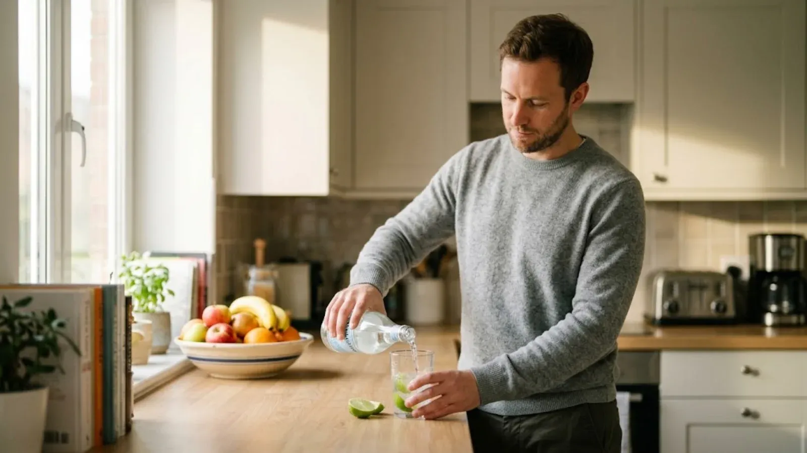 A man in a bright kitchen in the morning pouring sparkling water with lime into a glass