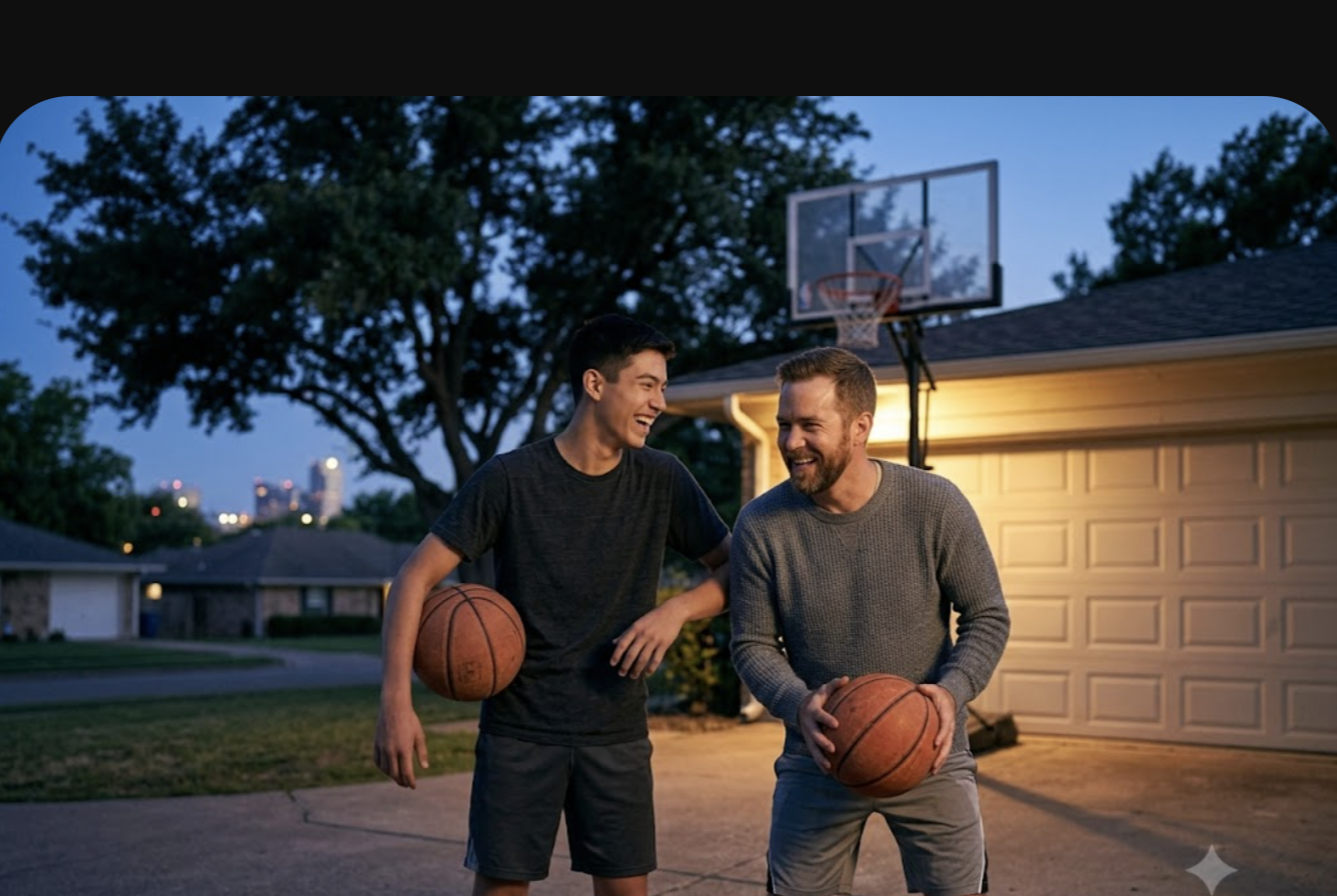 Dad and teenage son laughing while shooting hoops in the driveway at dusk, the side-by-side moments where parents learn if a teen is moody or depressed