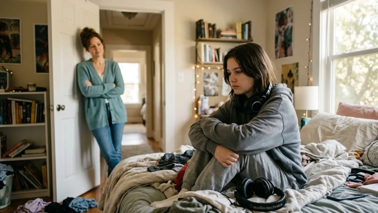 A withdrawn teenage girl on her bed while her mother watches with concern from the doorway