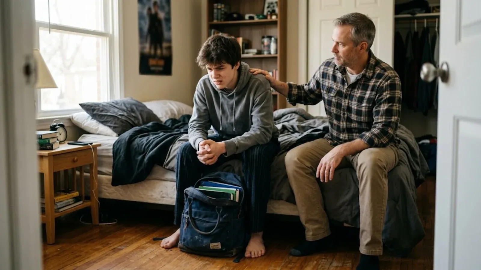 A father sitting beside his anxious teenage son on the edge of the bed with a backpack at his feet