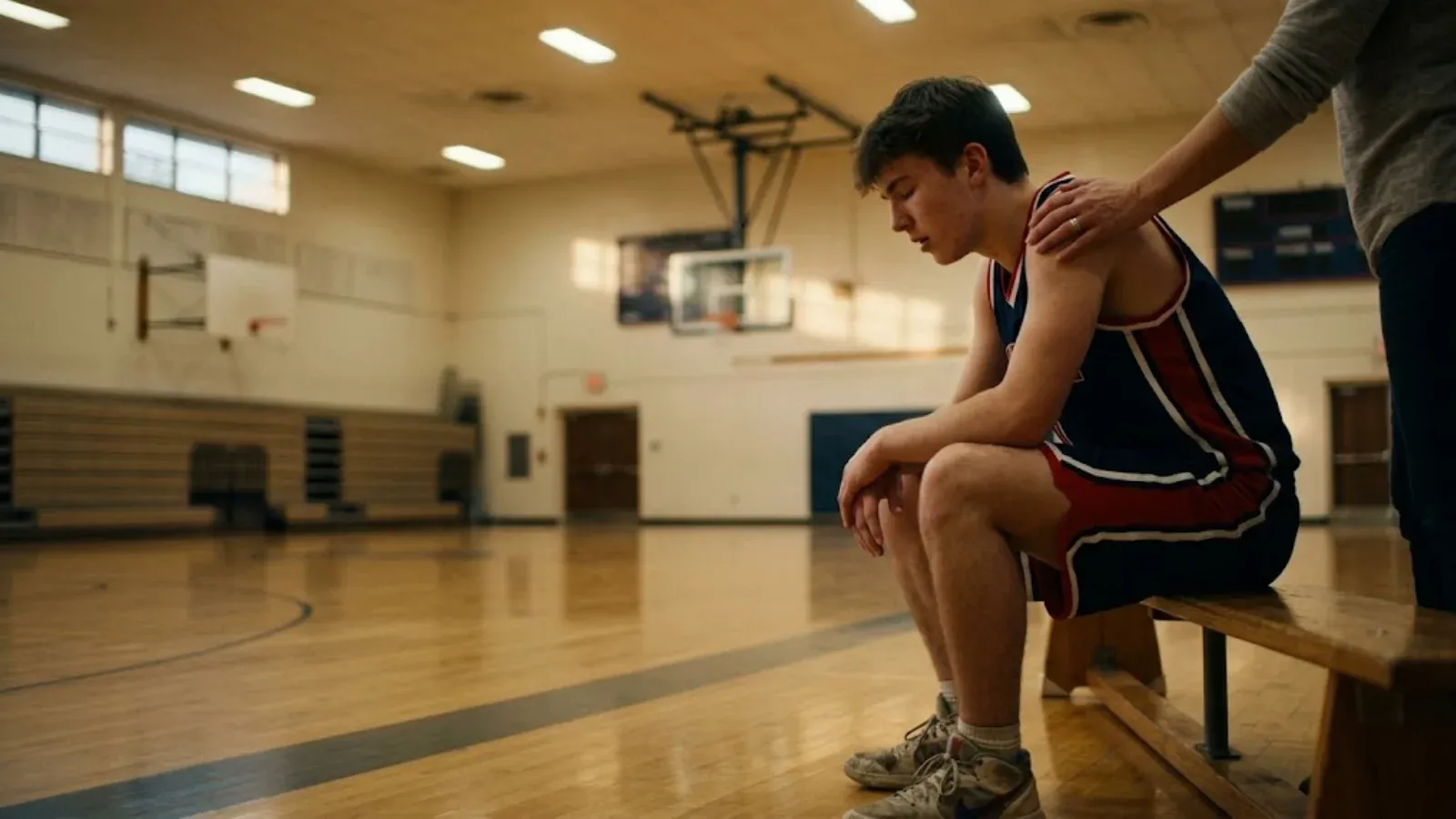 A teen athlete sitting on a gym bench before a game while a parent rests a supportive hand on his shoulder