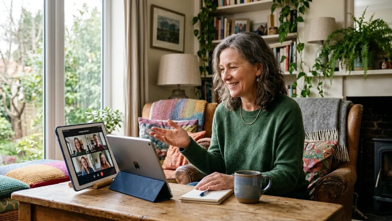 A woman at home on a video call on a tablet