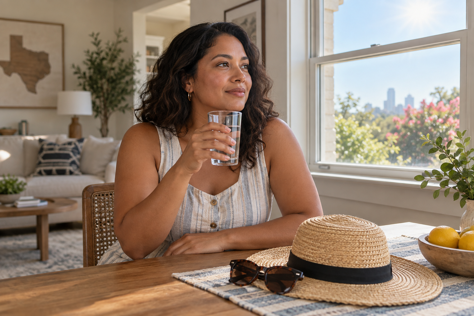 Woman holds a glass of water indoors beside a sunny window, with a sunhat and sunglasses on the table.
