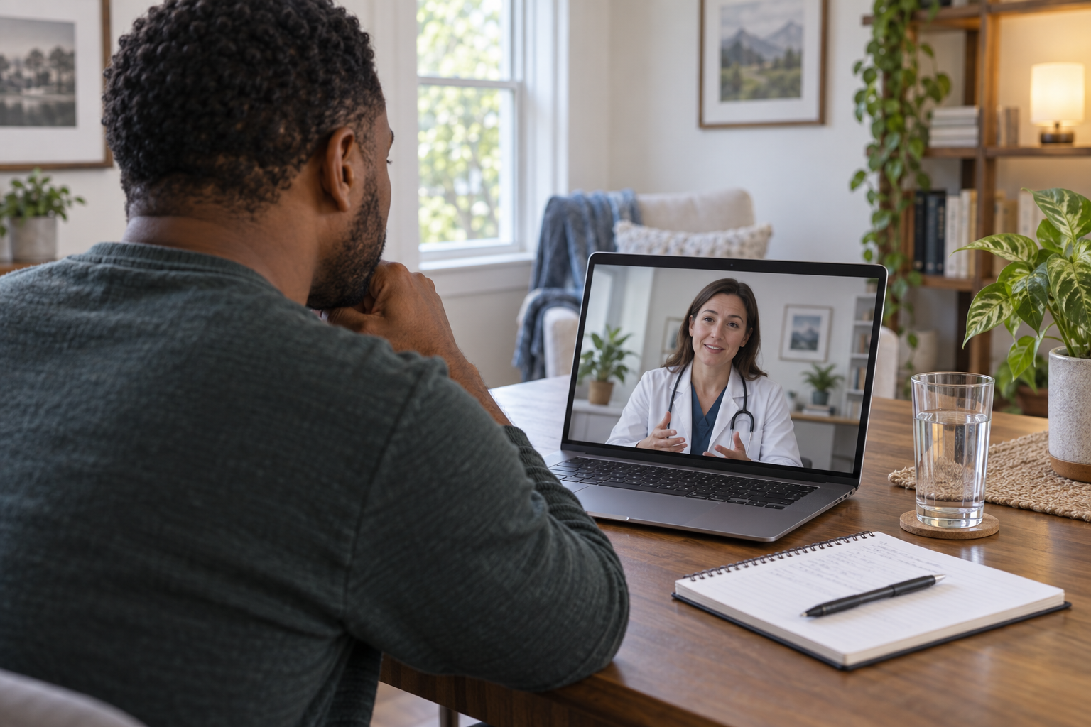 Man speaks with a clinician by video from home, with a notebook and glass of water beside his laptop.