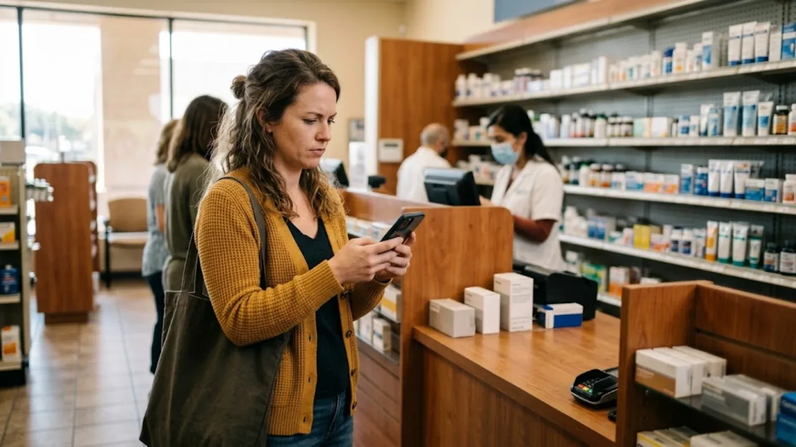 A woman waiting at a pharmacy pickup counter checking her phone