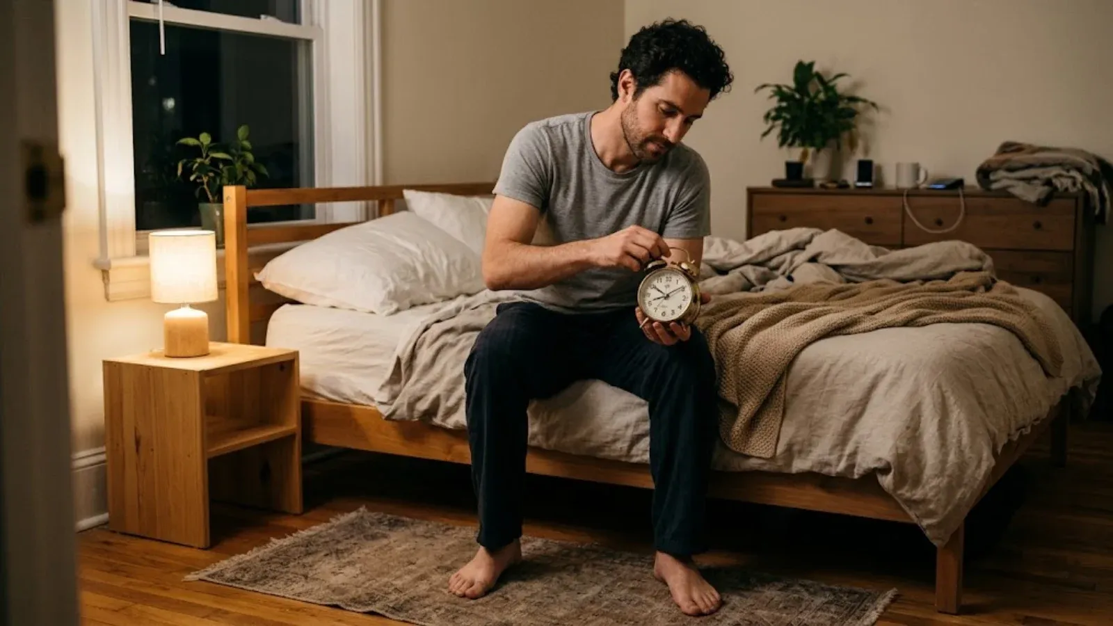 A man setting a bedside alarm clock at night