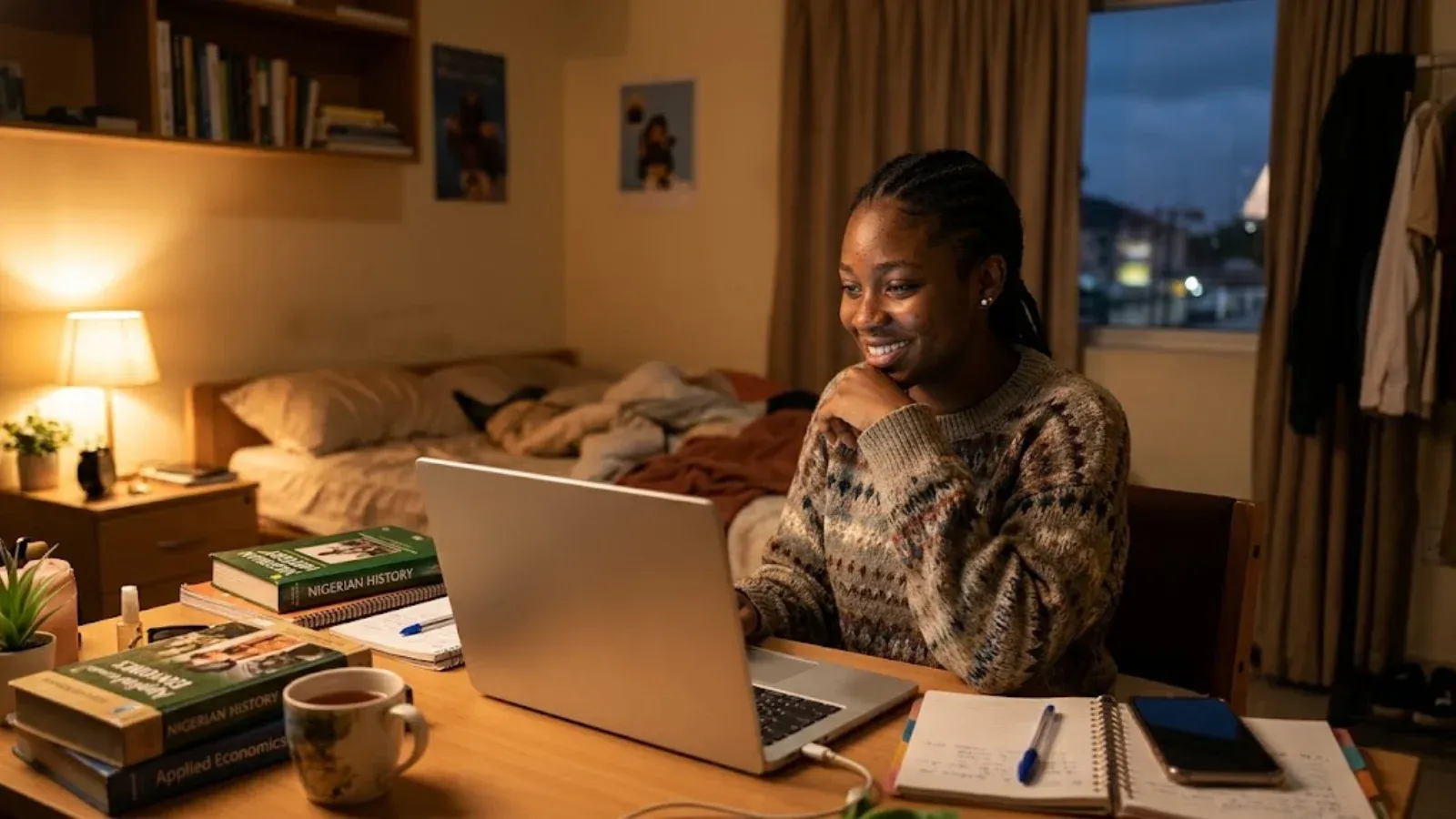 A college student video-calling home from a dorm room