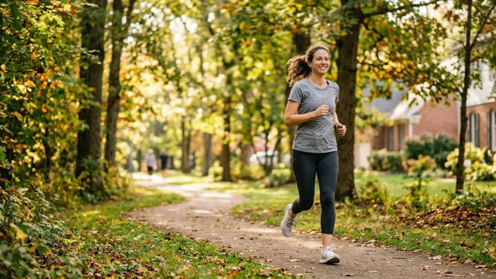 A woman jogging on a neighborhood trail in the morning