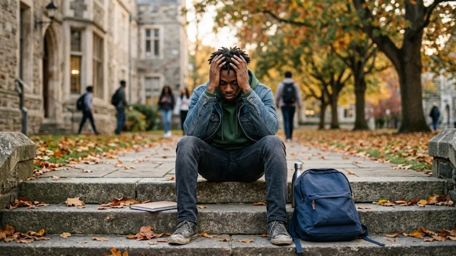 A college student sitting on campus steps looking stressed