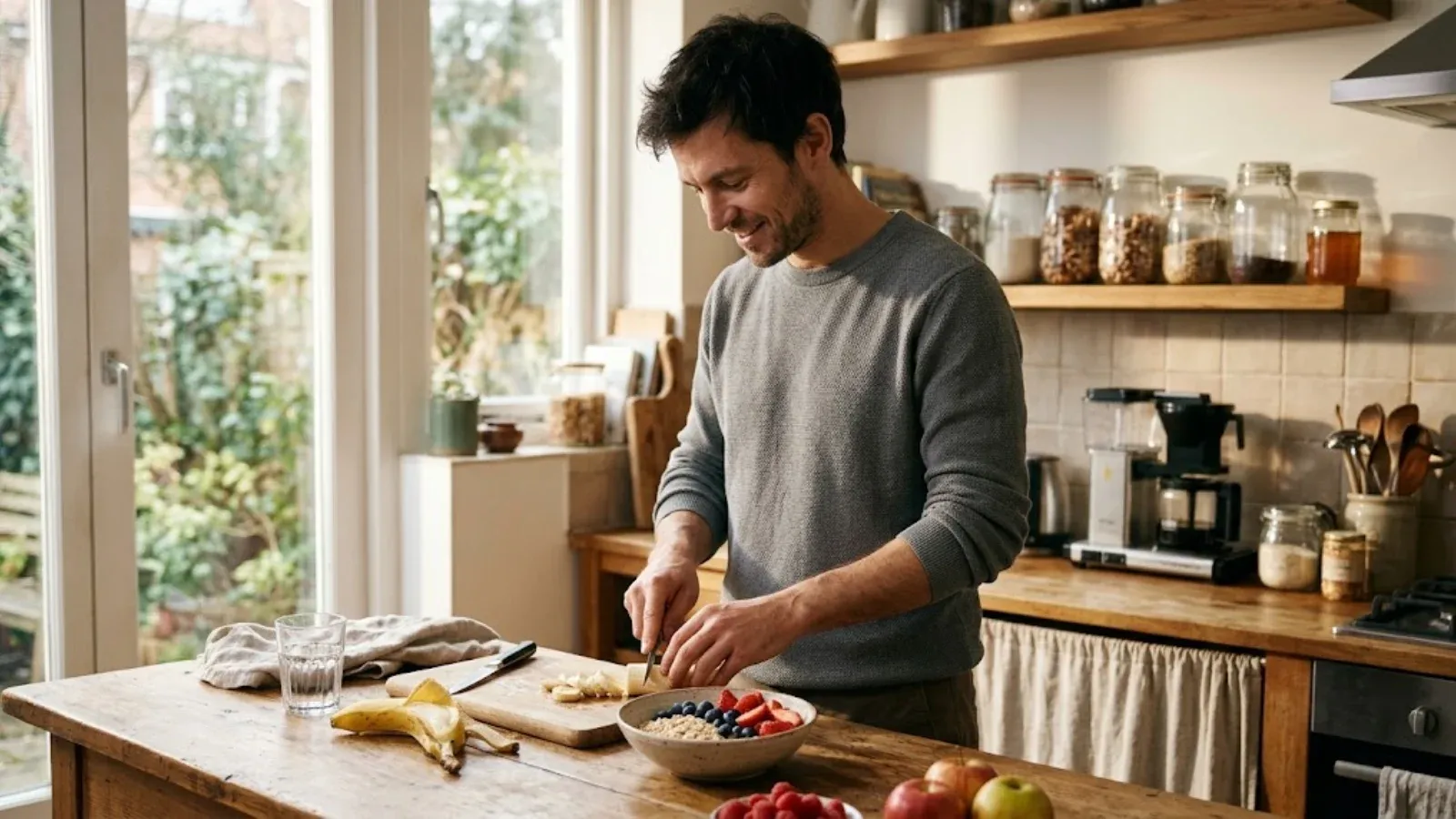 A man preparing a healthy breakfast in a sunny kitchen
