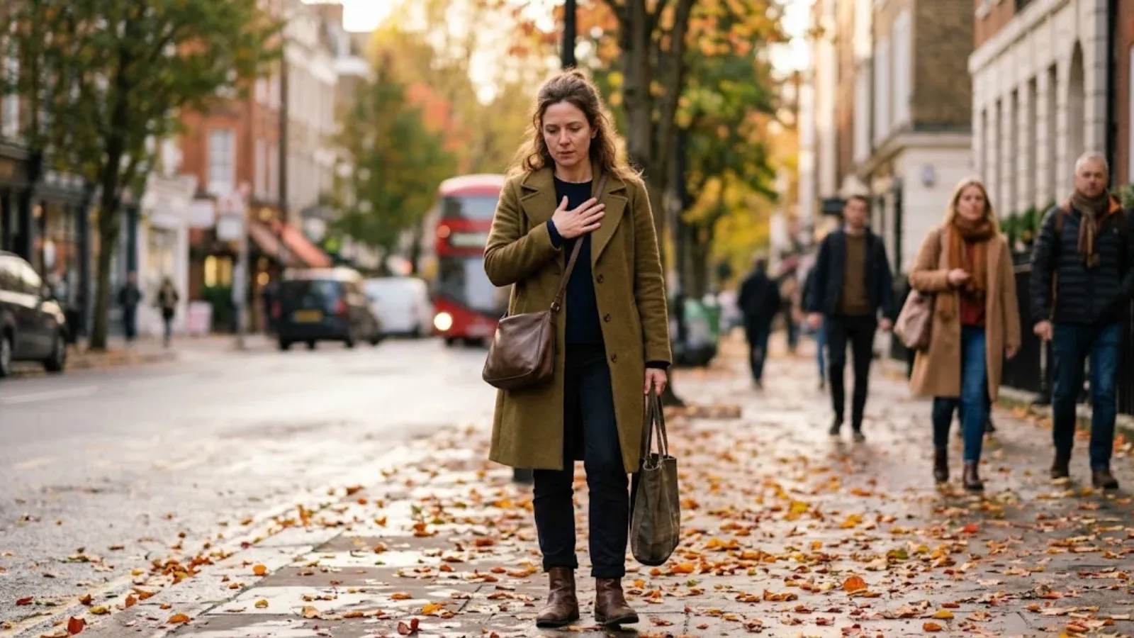 A woman pausing on a sidewalk with a hand to her chest