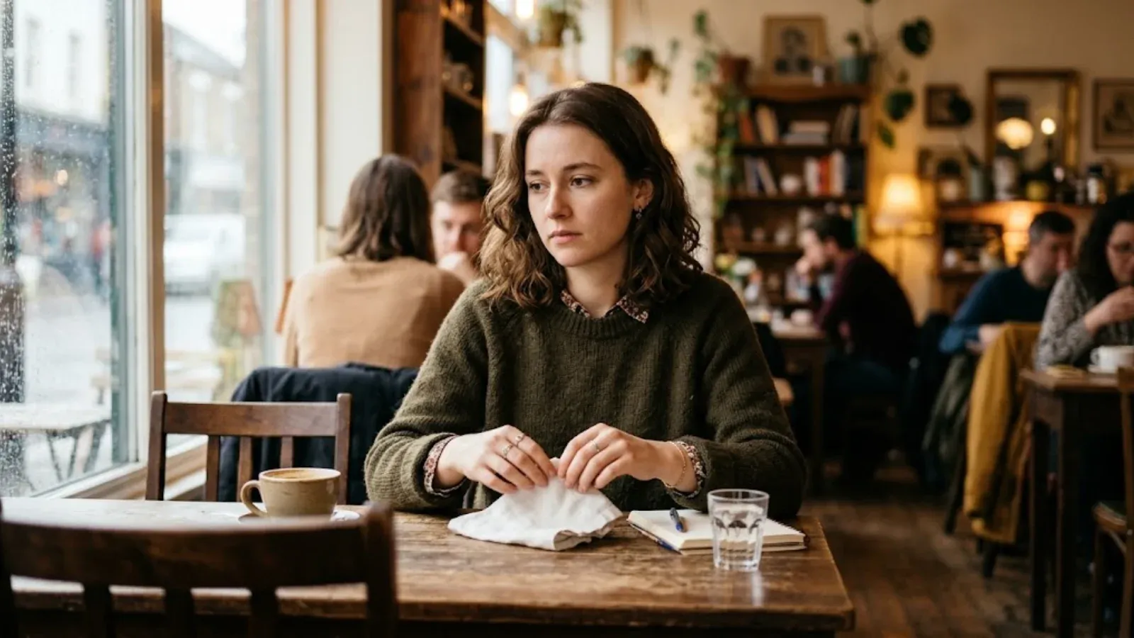 A woman fidgeting with her hands at a cafe table
