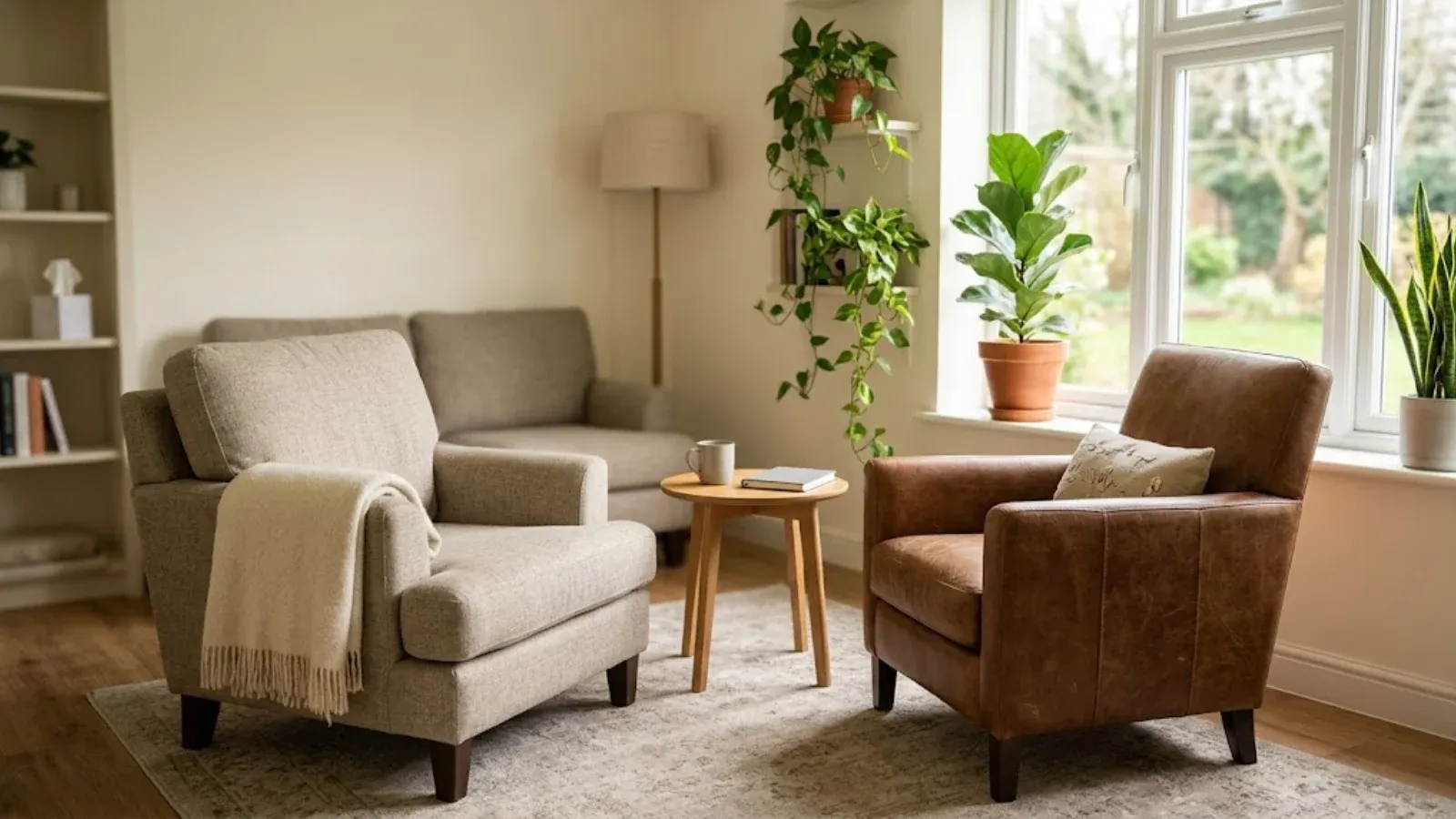 Two armchairs in a calm counseling room