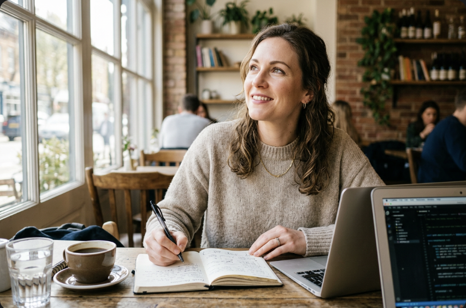 Woman at a bright cafe table with laptop and notebook looking up optimistically, choosing a new therapist deliberately after a first round of therapy that didn't work