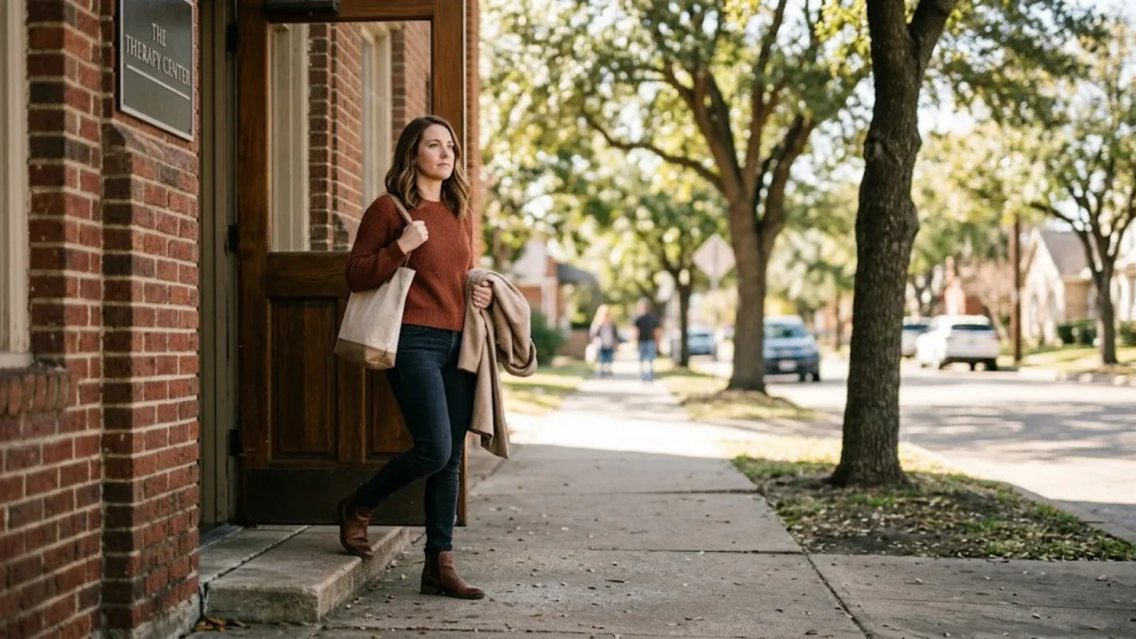 A woman pausing thoughtfully on a sunny sidewalk outside a therapist's office