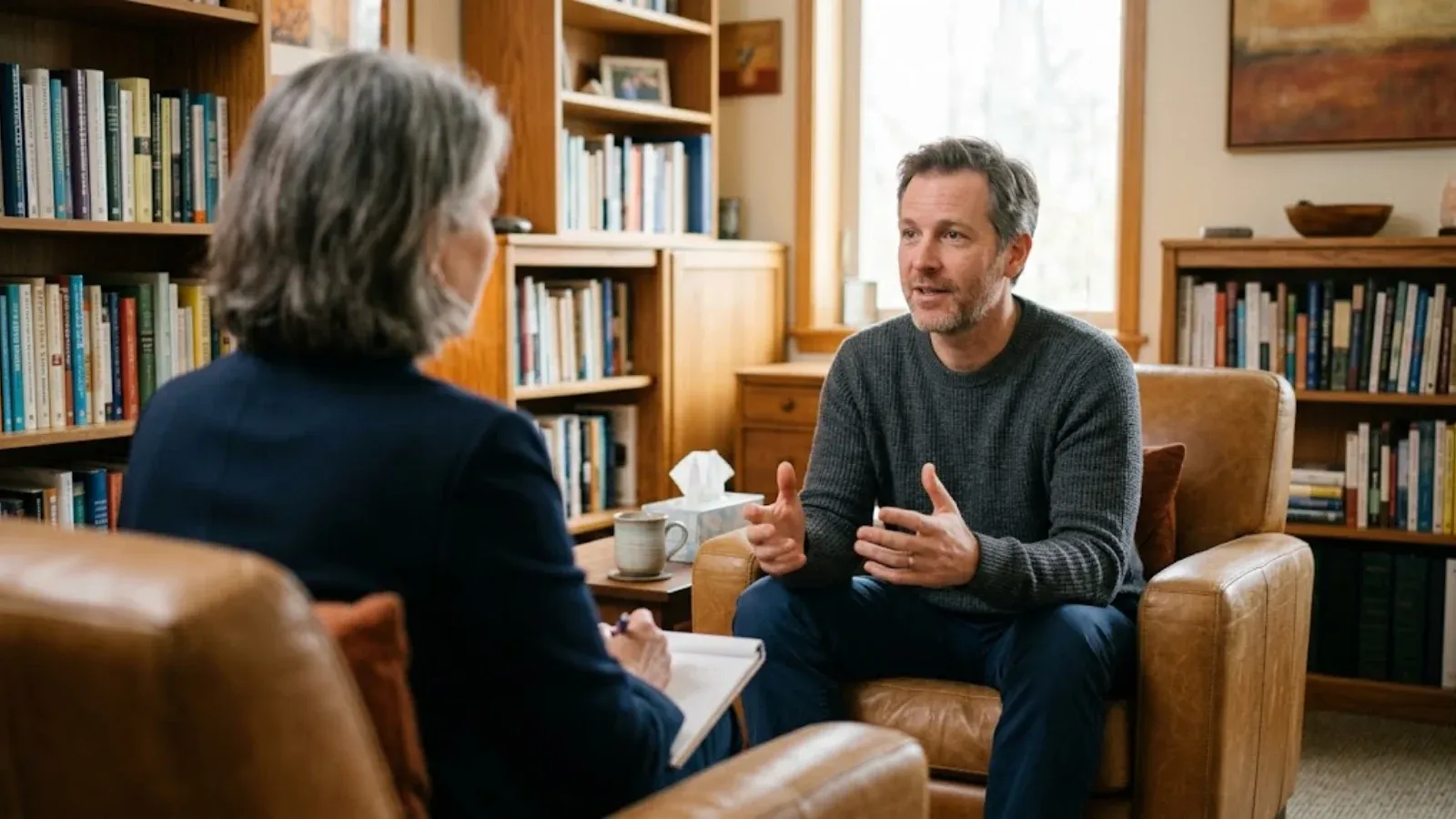 A man talking openly in an armchair during a therapy session in a book-lined office