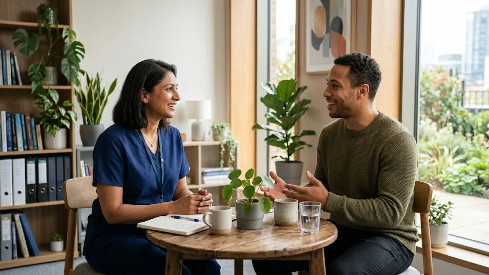 A clinician and patient talking in a bright office