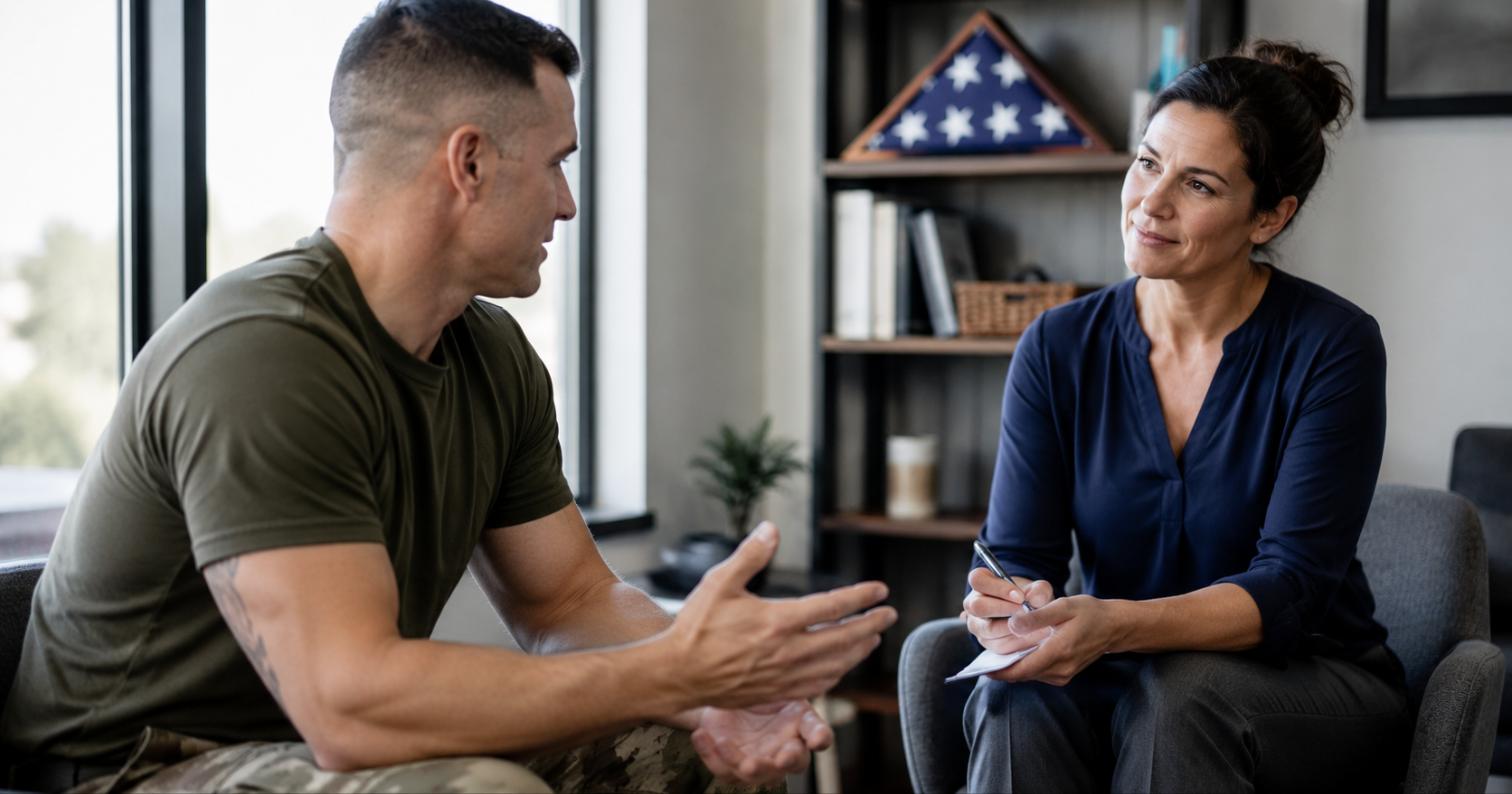 Veteran in an olive t-shirt talking with a therapist during a TRICARE-covered counseling session at a DFW psychiatry office, folded American flag on the bookshelf