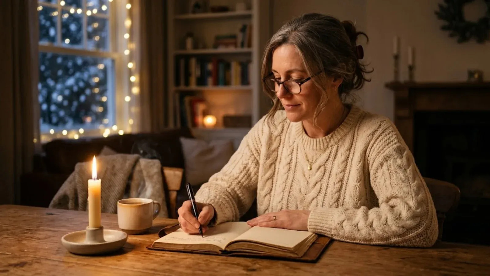 A woman writing in a gratitude journal by candlelight