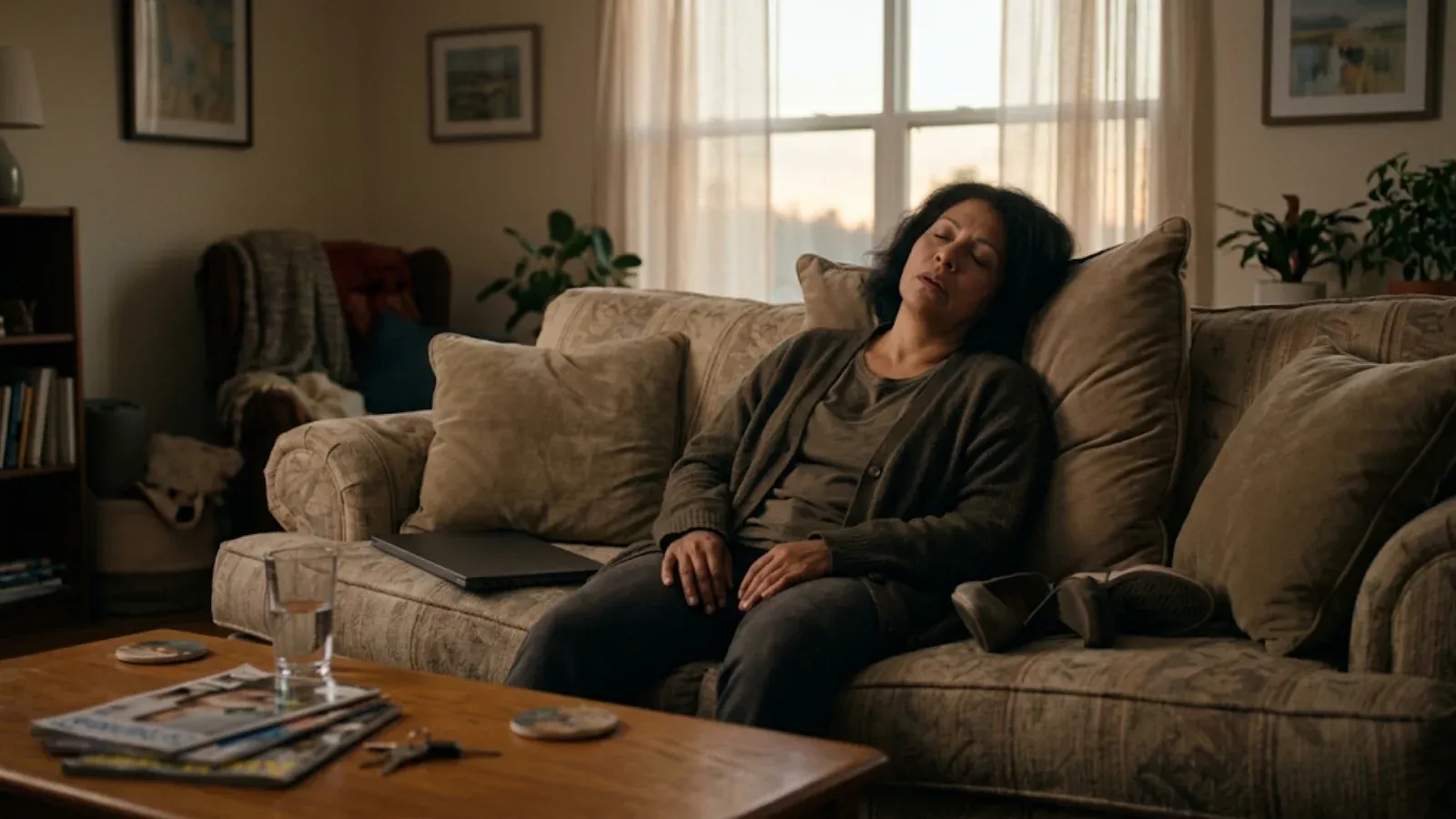 Woman resting on a living-room sofa with her eyes closed and head back, a closed laptop beside her, mentally drained after a long day
