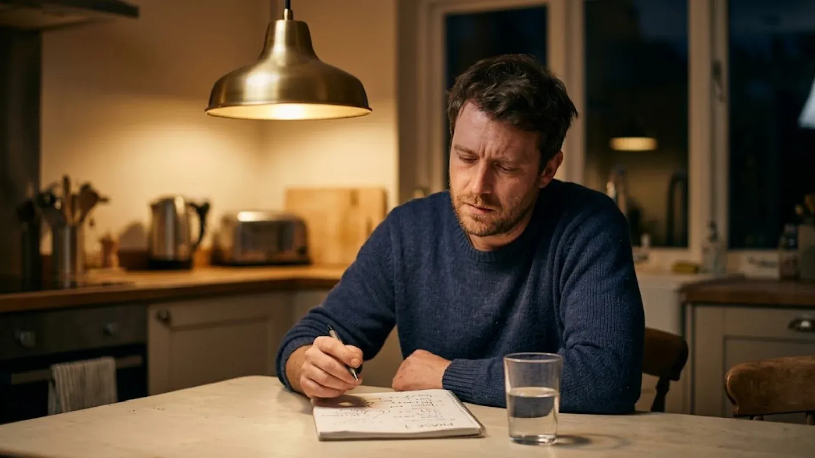 A man at a kitchen table in the evening writing a plan in a notebook beside a glass of water