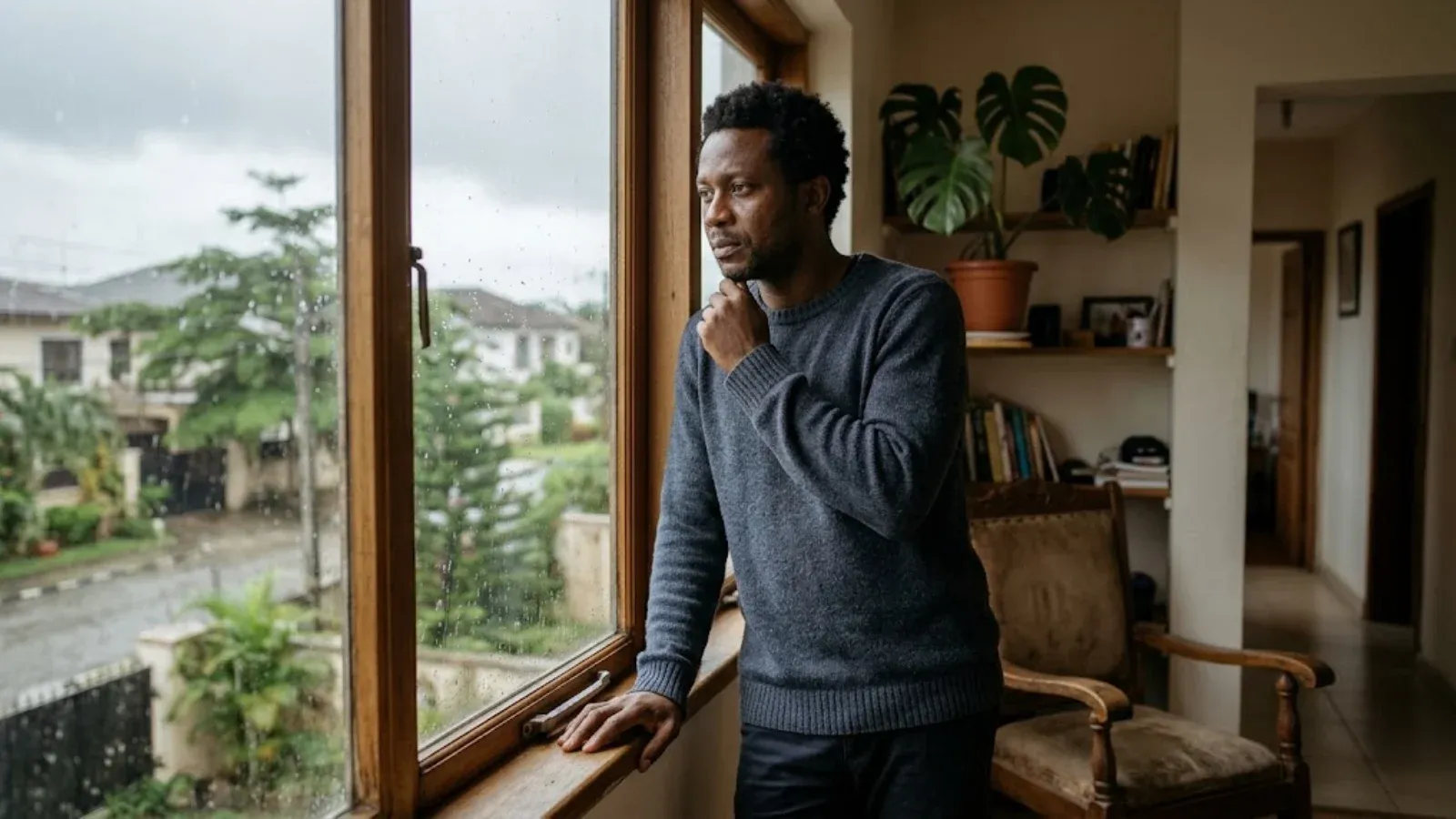 A veteran looking out a window at home