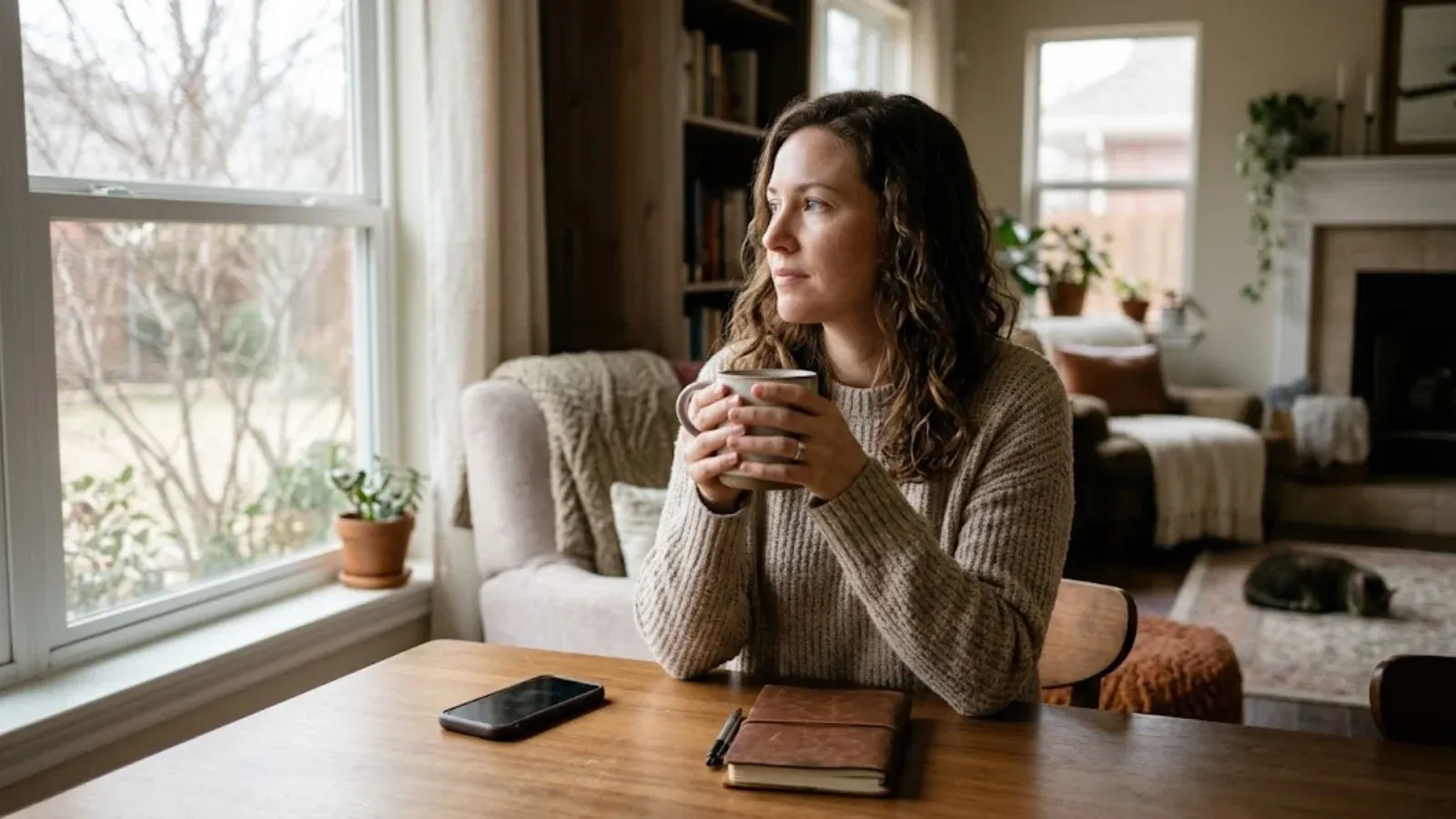A woman by a window in winter light holding a mug with a phone and notebook on the table