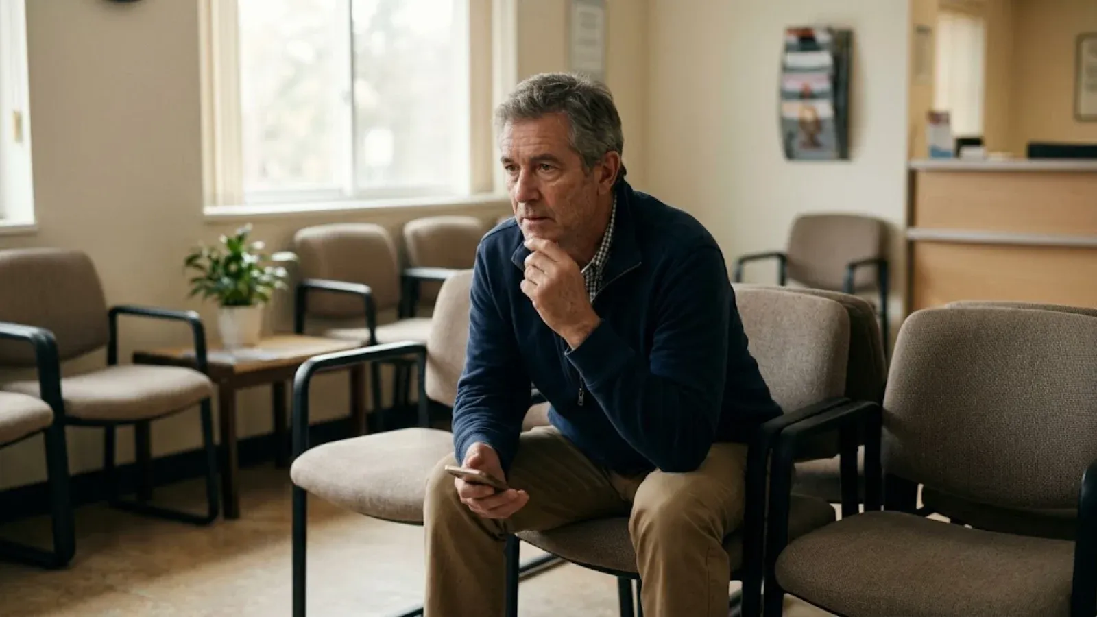 A man waiting in a quiet clinic waiting room, holding his phone