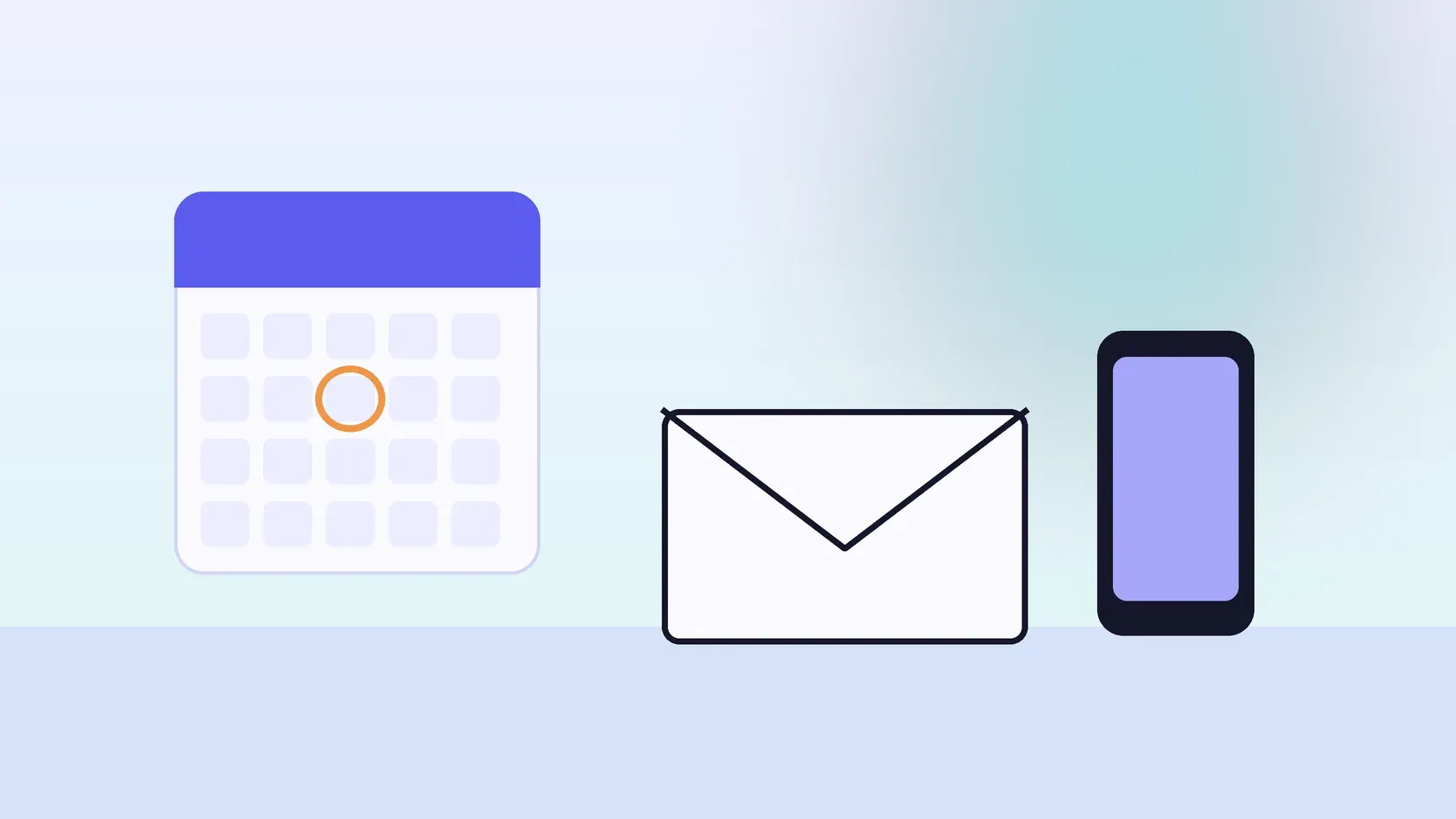 Illustration of a closed envelope and a phone beside a calendar with one day circled.