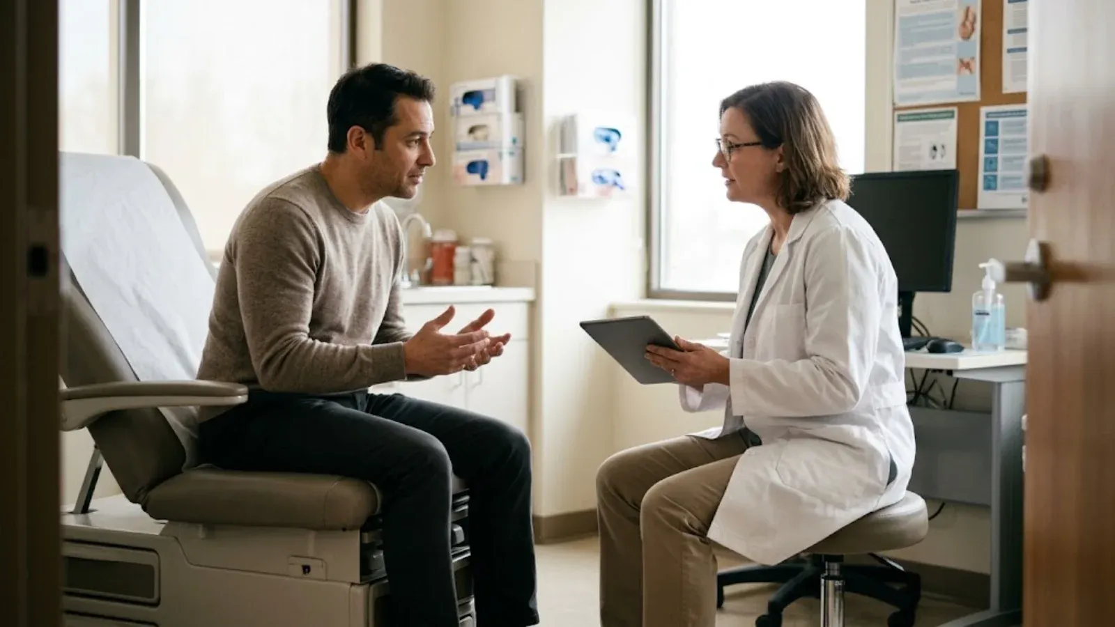 A patient and a doctor holding a tablet talking together in a bright exam room