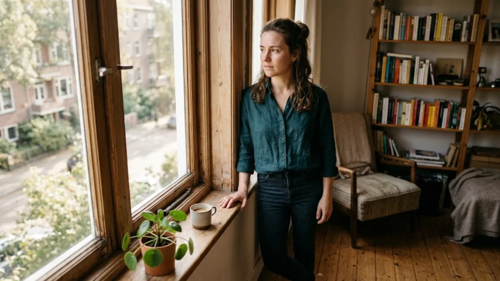 A woman with a mix of emotions by a window