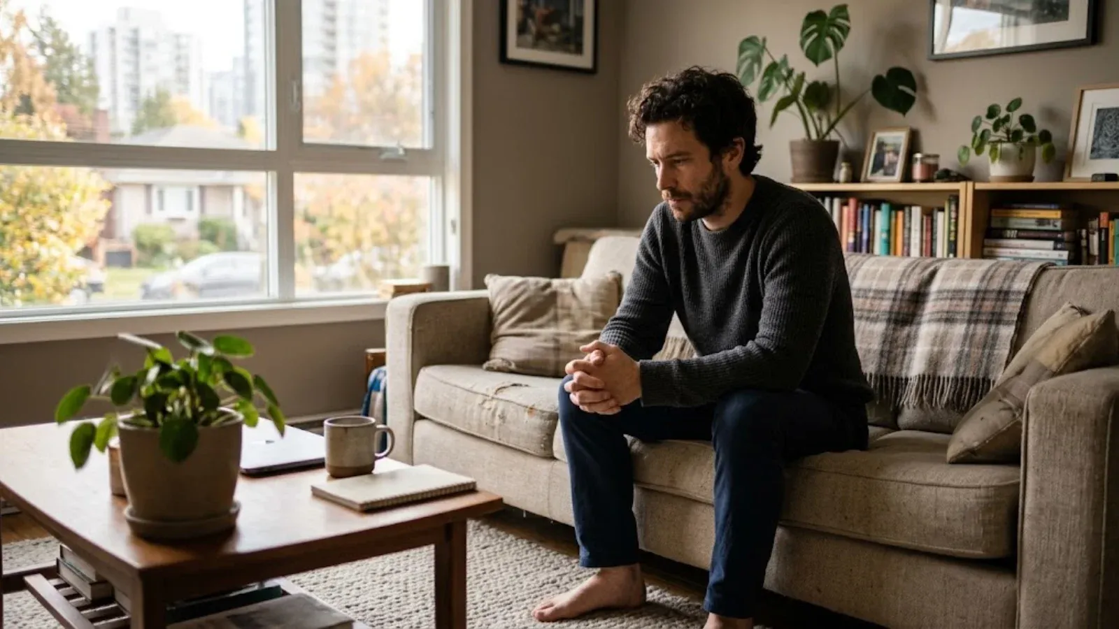 A man sitting on a couch looking pensive