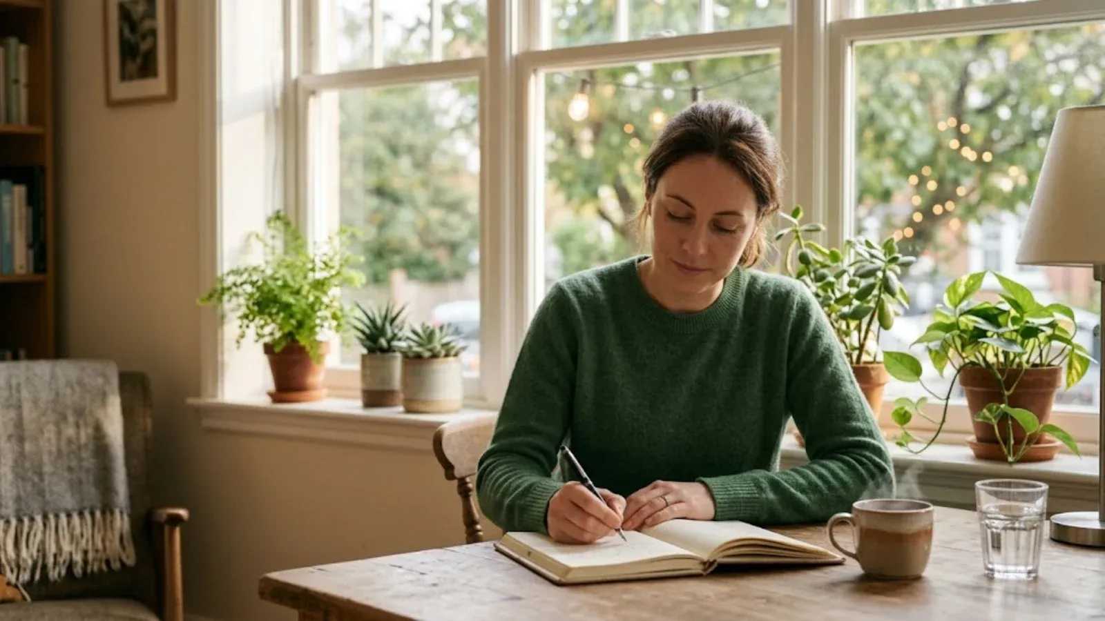 A woman writing in a journal by a window