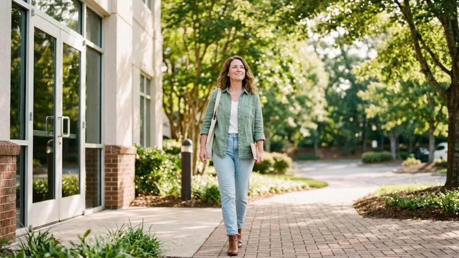 A woman walking out of a clinic into daylight looking hopeful