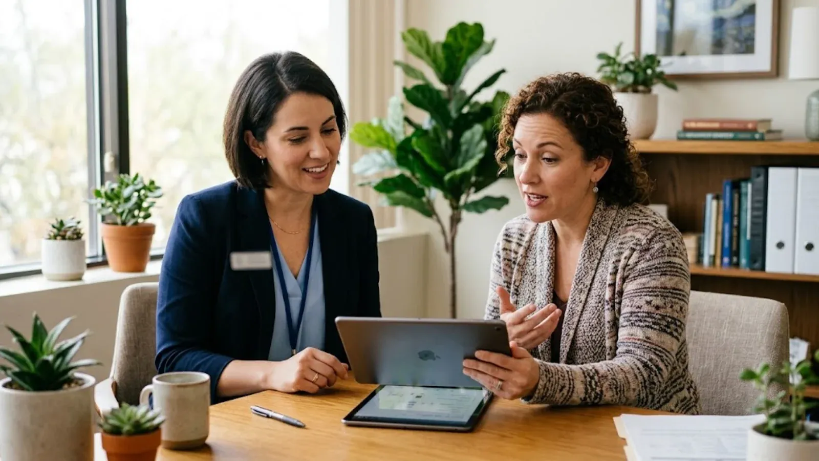 A clinician and a patient reviewing progress together on a tablet in a bright office