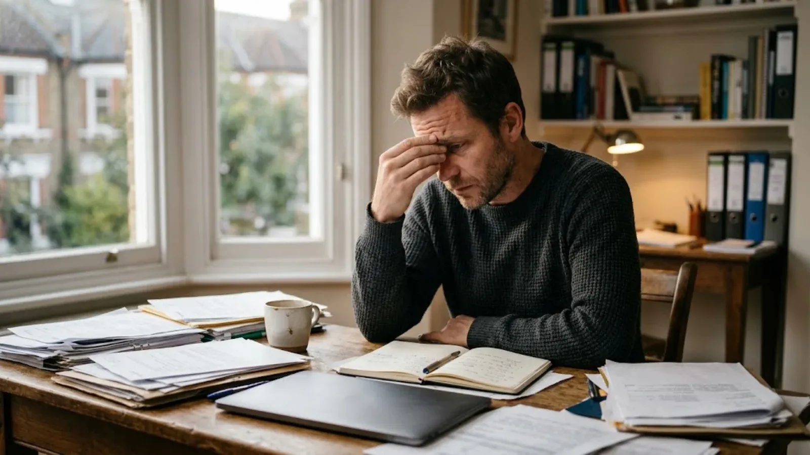 A man rubbing his forehead at a desk