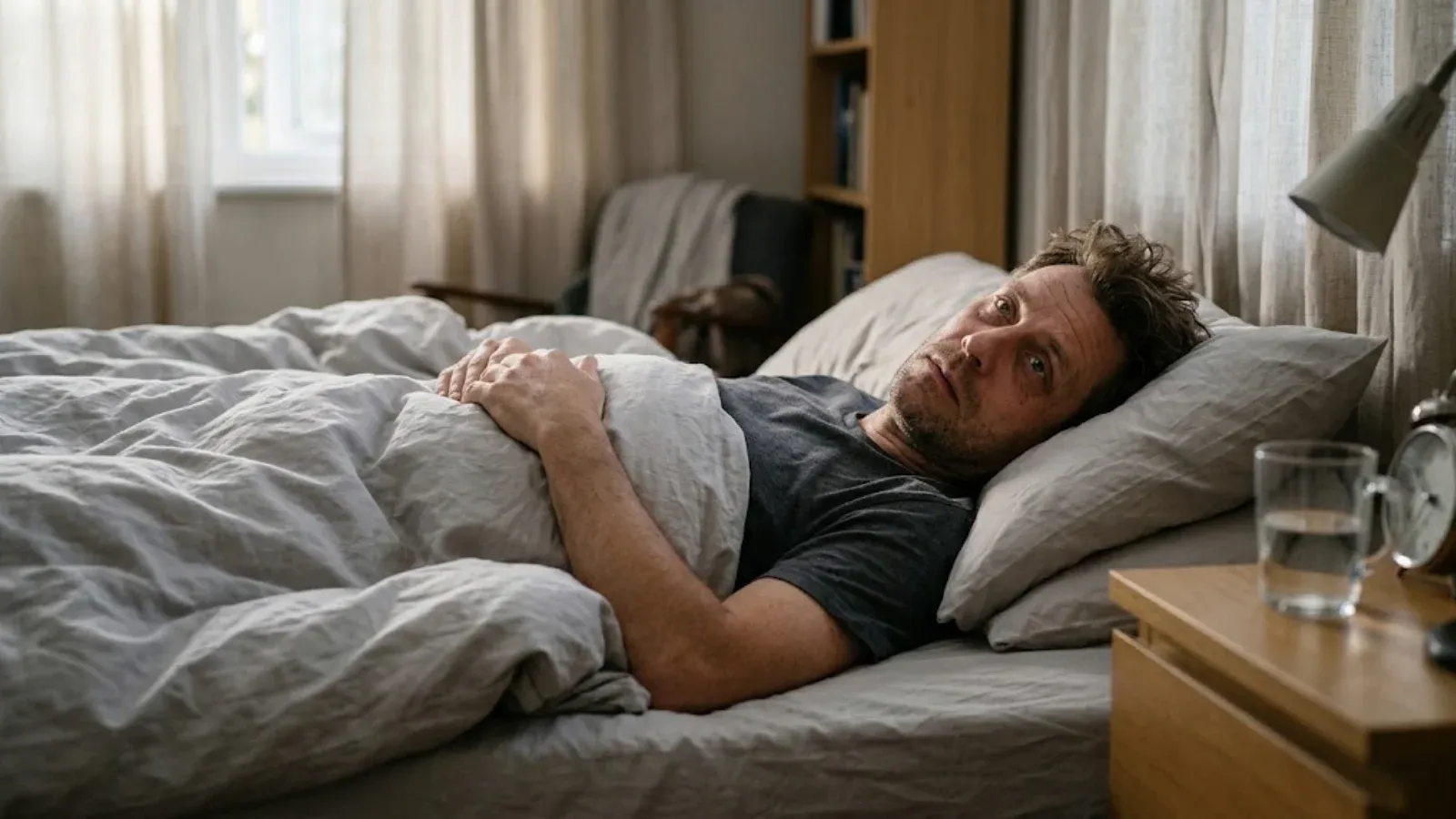 A man lying awake in bed in early morning light