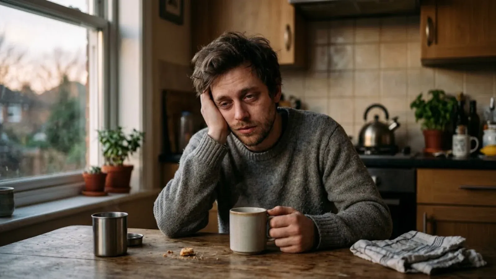 A tired man at a kitchen table at dawn with coffee