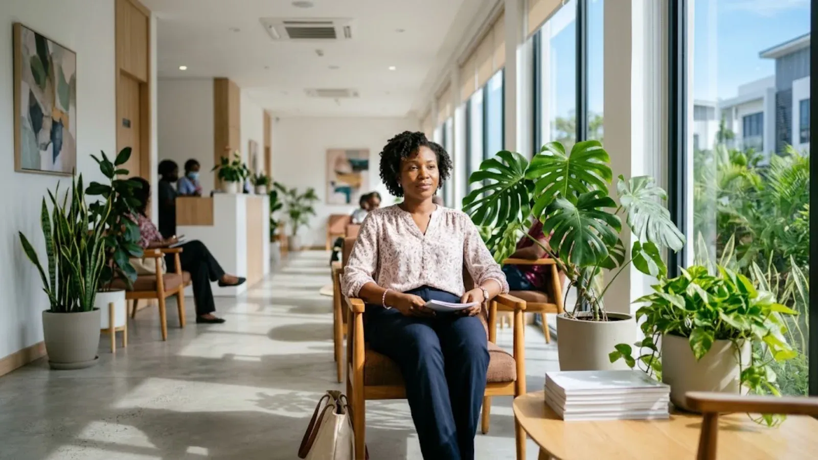 A woman sitting in a calm clinic waiting area