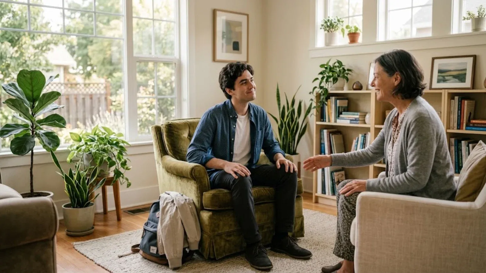 A young man sitting down for his first therapy session as a welcoming therapist greets him