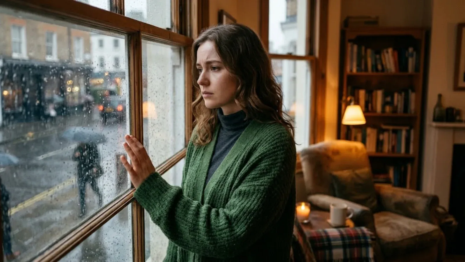 A woman gazing out a window with a mix of emotions