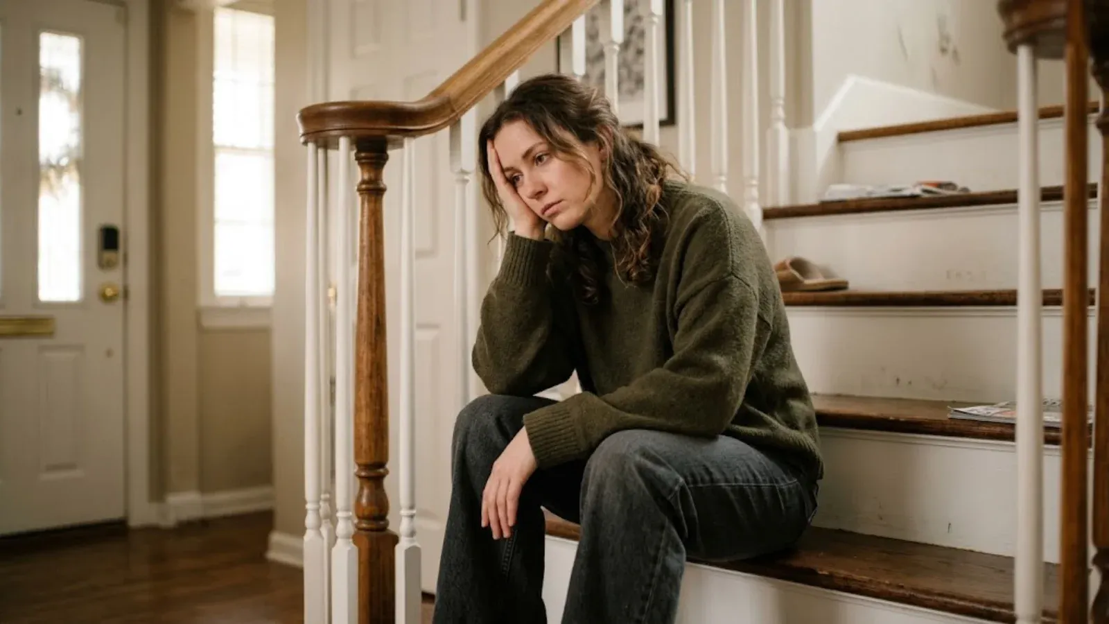 A woman sitting on stairs looking overwhelmed