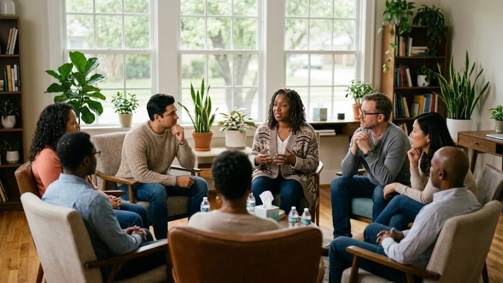 A small group of adults sitting in a circle in a bright group therapy room, listening to one speaker