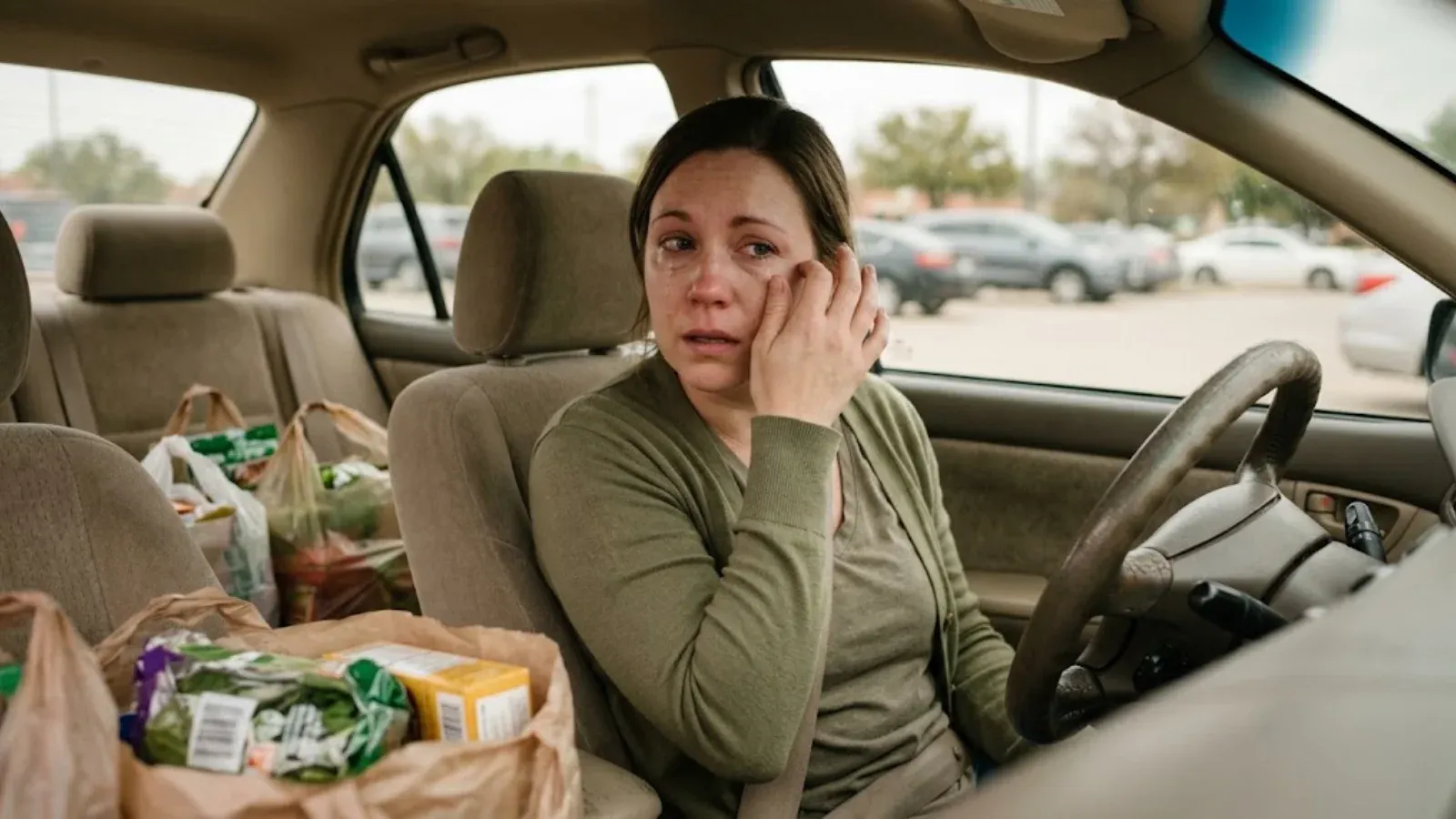 A woman in her parked car wiping away unexpected tears