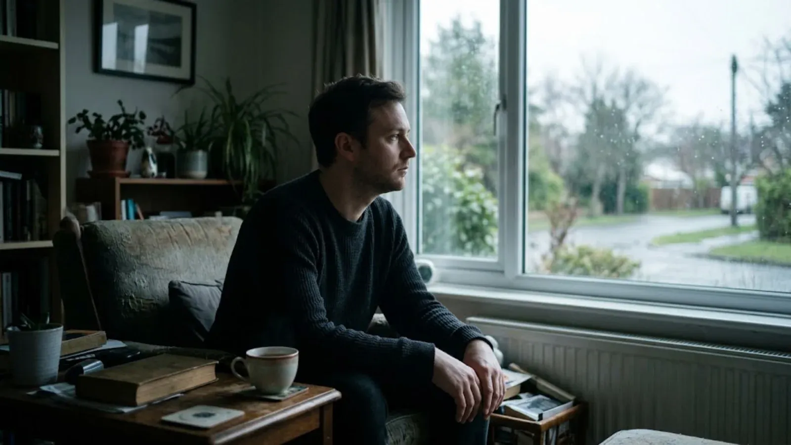 A man sitting by a living room window on an overcast afternoon with a distant, flat expression