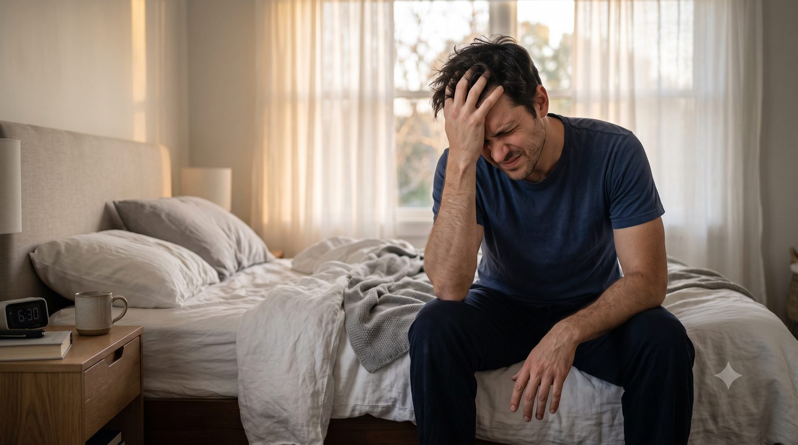 Man sitting on the edge of his bed after waking up angry, pressing a hand to his forehead in soft early-morning light