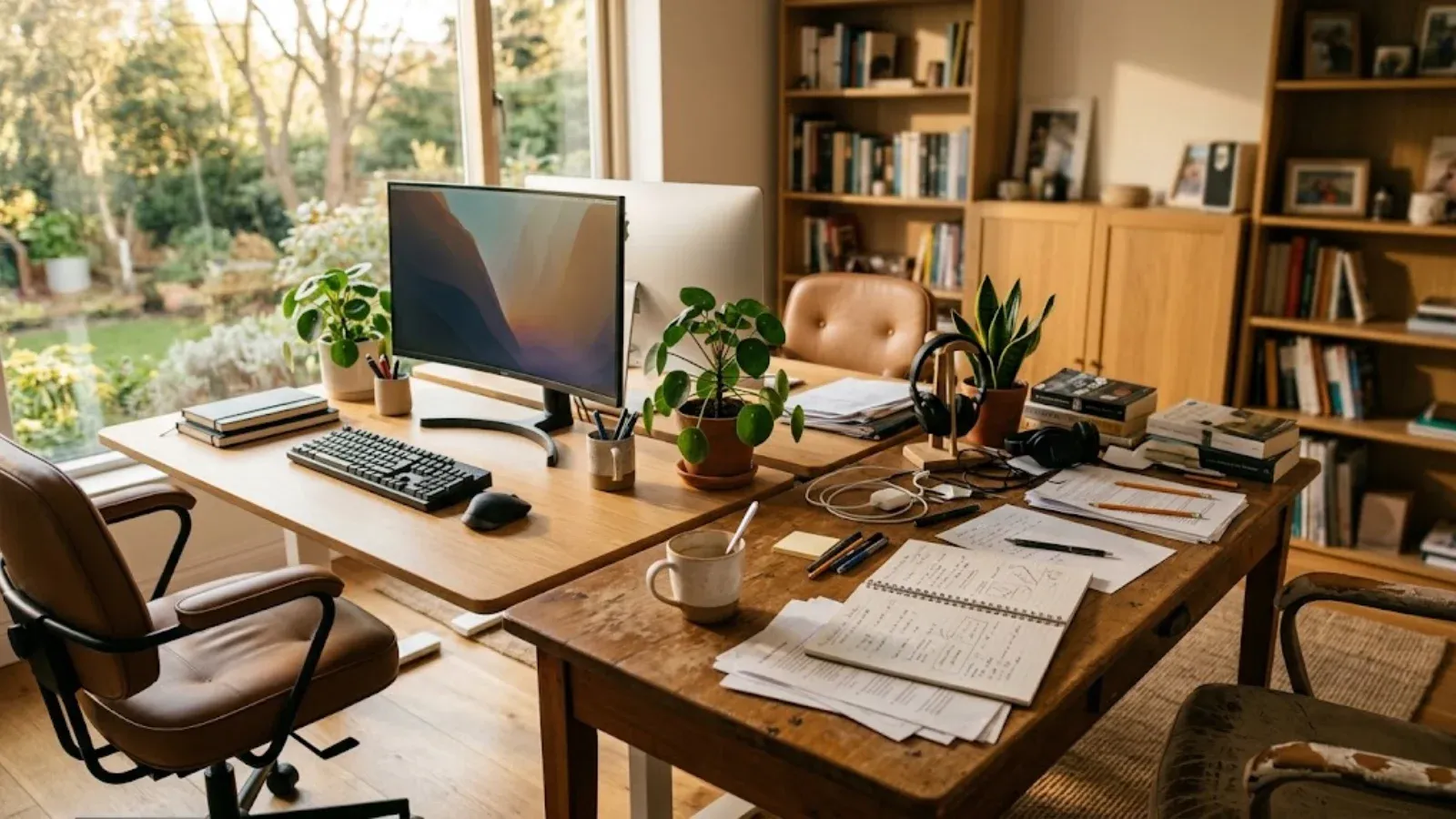 A neatly organized desk next to a slightly messy one