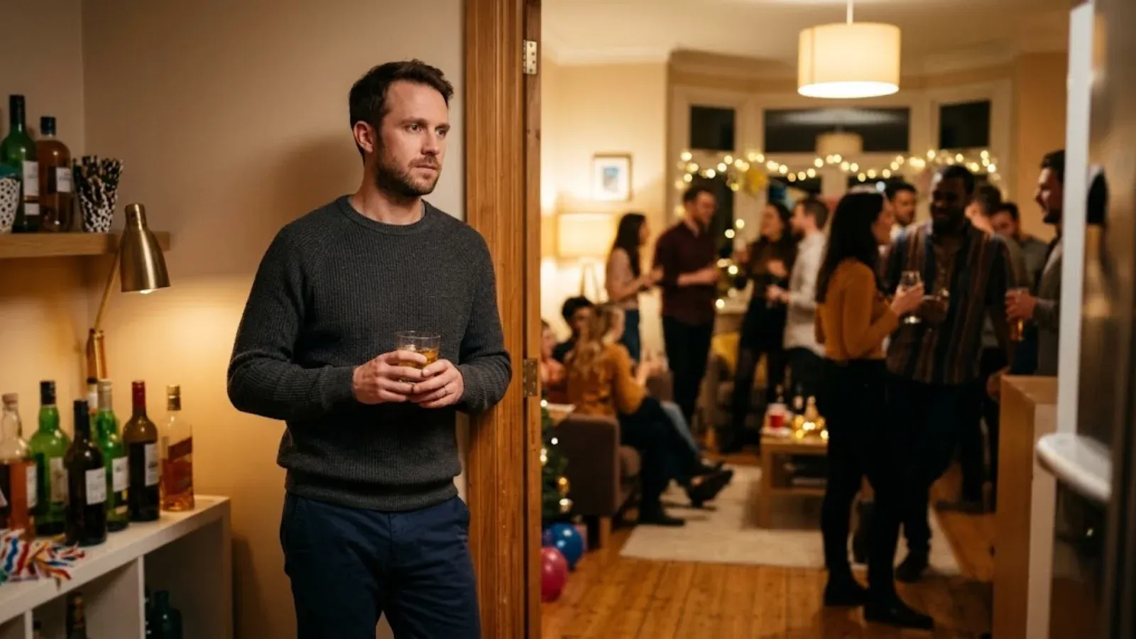 A man standing alone at a party holding a drink