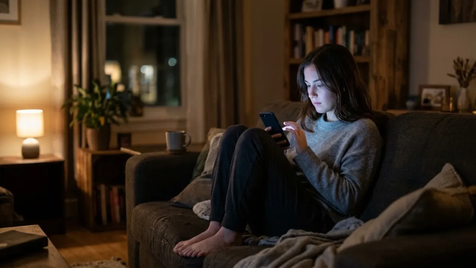 A young woman scrolling her phone alone on a couch at night