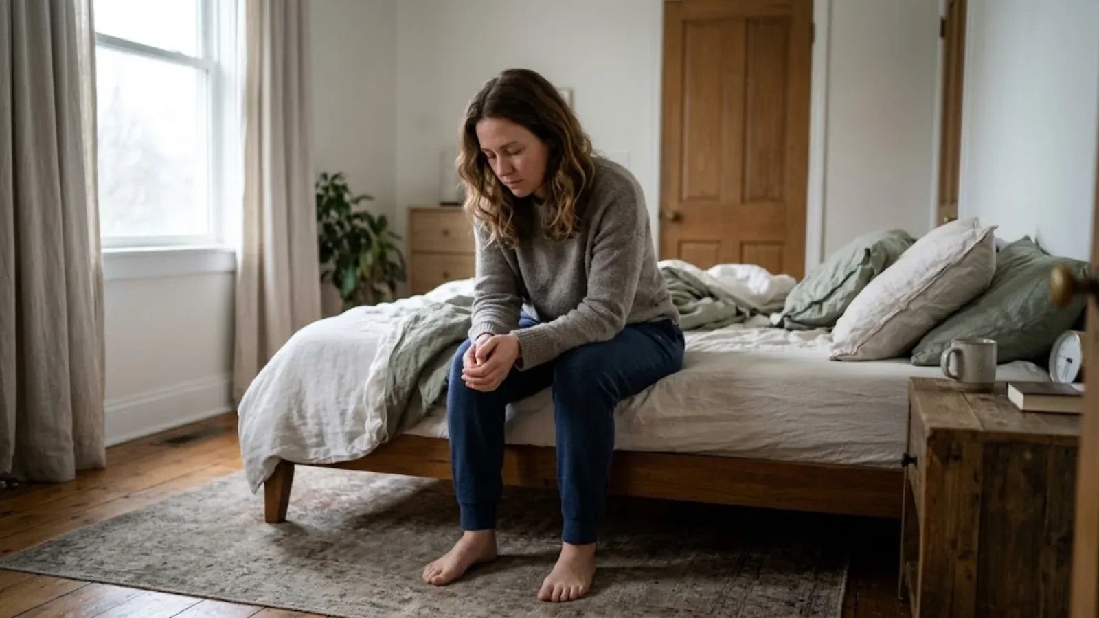 A woman sitting on a bed looking down on a gray morning